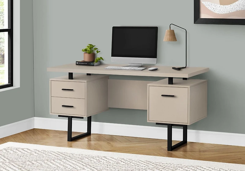 Monarch Specialties Computer Desk, Home Office, Laptop, Left, Right Set-up, Storage Drawers, 60"l, Work, Metal, Laminate, Beige, Black, Contemporary, Modern