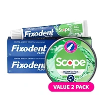 Crème adhésive sûre pour prothèses Fixodent Plus à saveur de Scope, paquet double 2 x 57 g