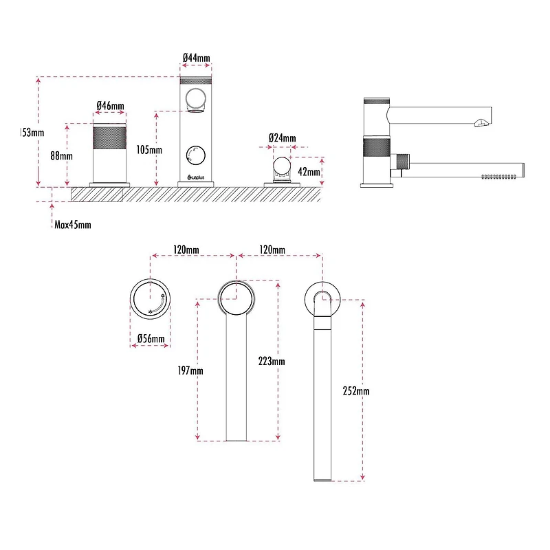 Robinet de baignoire Romaine CLAUDIA avec douche à main d'akuaplus® en laiton solide, 3 pièces.