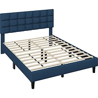 Fullfurnique Upholstered Platform Bed Frame with Square Tufted Headboard, Full, Navy Blue