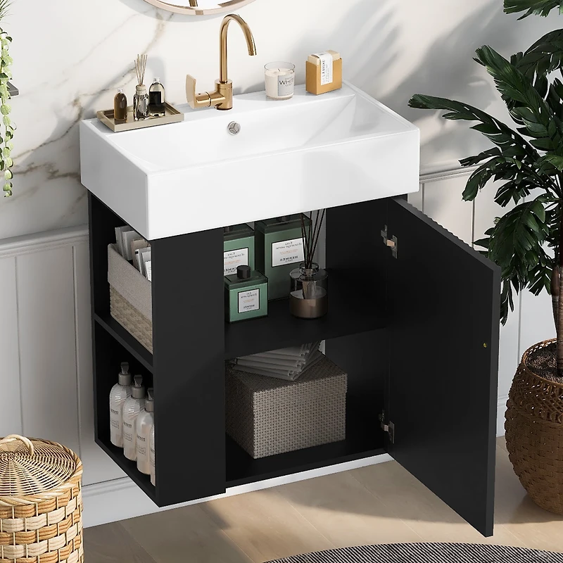 Homy Casa 30 in Onyx Black Kitchen Sideboard with Ceramic Sink