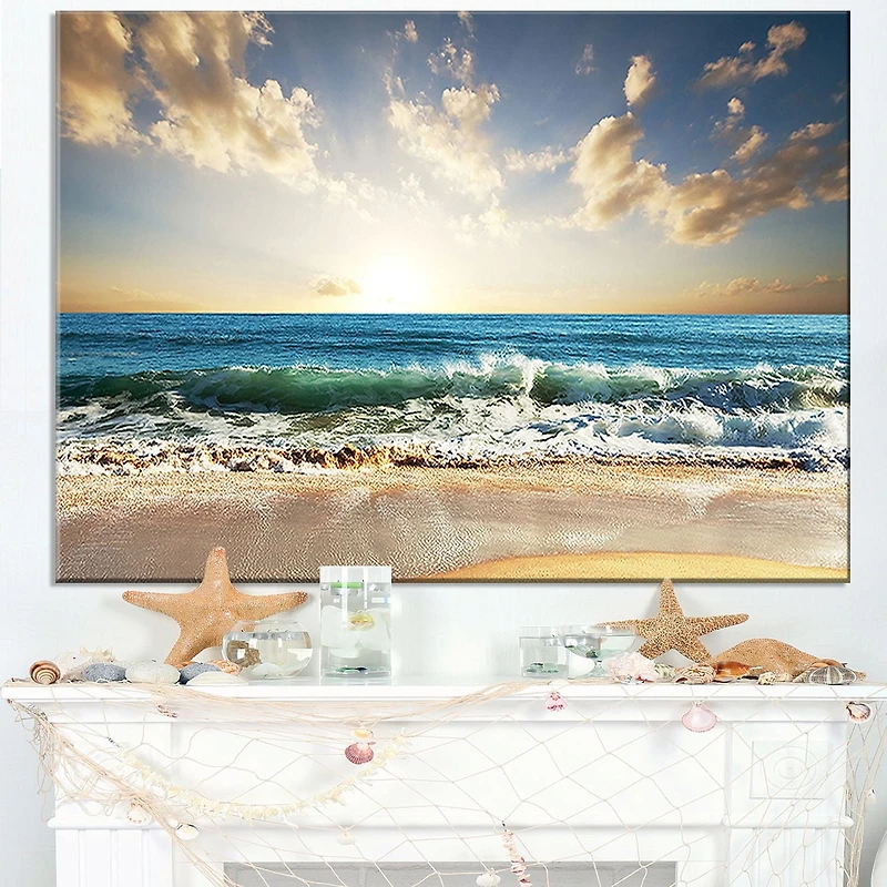 Design Art Cloudy Sky And Vibrant Blue Sea Seashore Canvas Wall Art