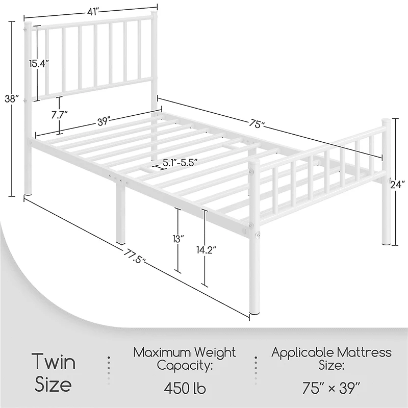 Fullfurnique Minimalist Metal Bed Frame with Vertical Bar Headboard and Footboard, Queen, White