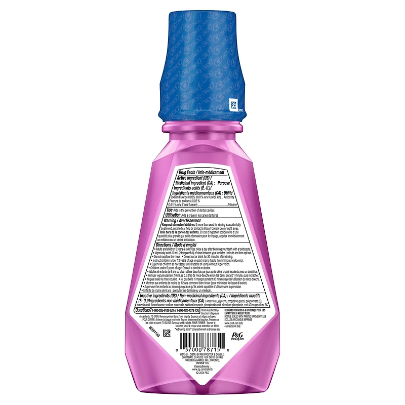 Rince-bouche anticarie au fluorure Crest pour enfants, saveur Explosion de gomme balloune 500 ml