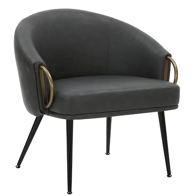 Mid-Century Modern Faux Leather and Metal Accent Chair - Vintage Charcoal and Black and Aged Gold