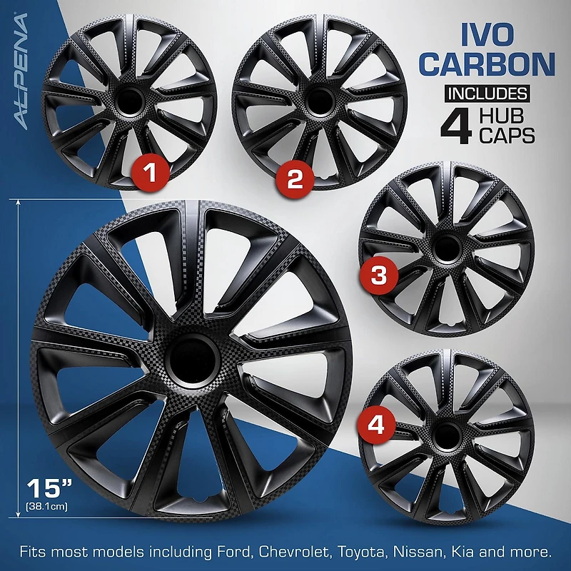 15" Ivo Carbon  Wheel Covers, Black, set of 4