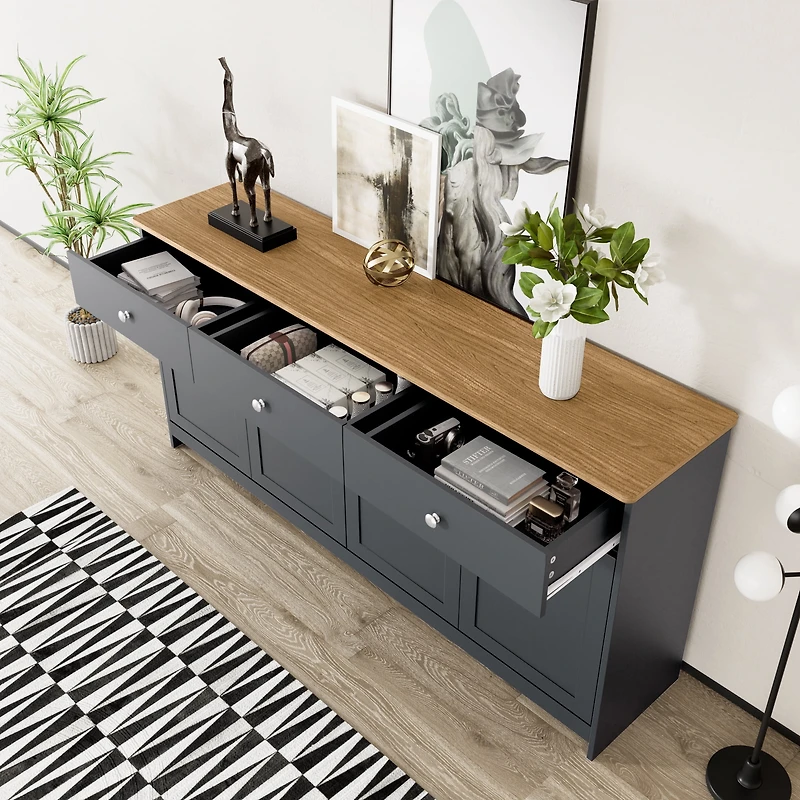 Noble House Sideboard with Gray-Black Wood Grain, 4 Doors & 3 Drawers, Wood Tone and Gray-Black for Living/Dining Room