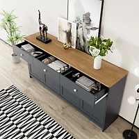 Noble House Sideboard with Gray-Black Wood Grain, 4 Doors & 3 Drawers, Wood Tone and Gray-Black for Living/Dining Room