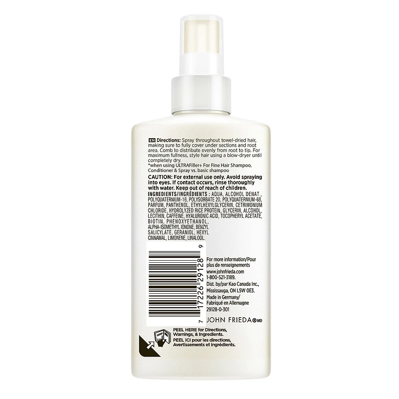 John Frieda Ultra Filler+ Vaporisateur Épaississant pour les cheveux fins, avec biotine et d’acide hyaluronique, protège contre la chaleur, 250 mL 250 mL