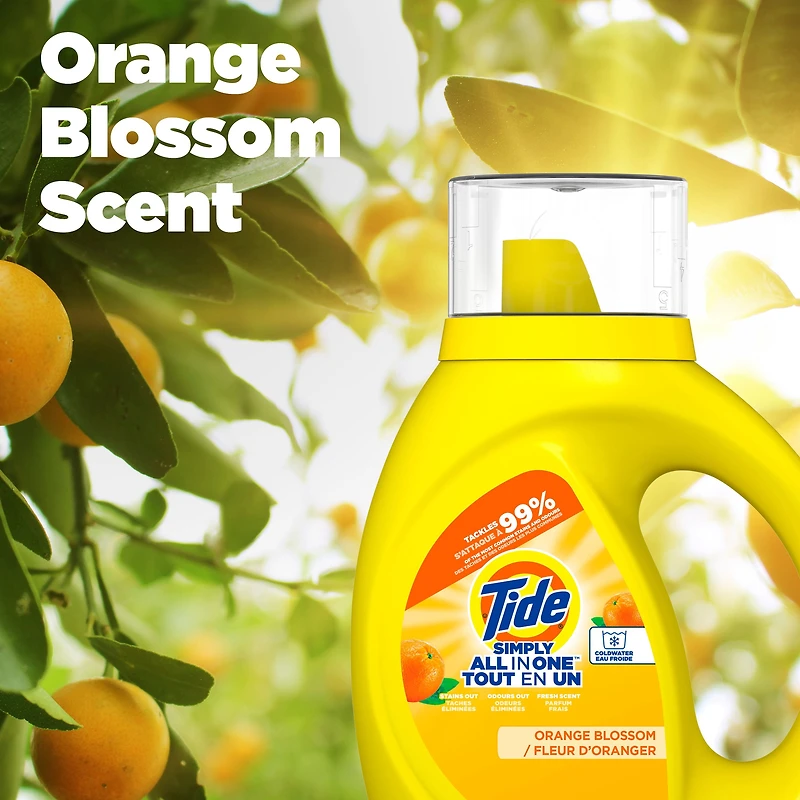Détergent à lessive liquide Tide Simply Tout-en-un, parfum Fleur d’oranger, 24 brassées