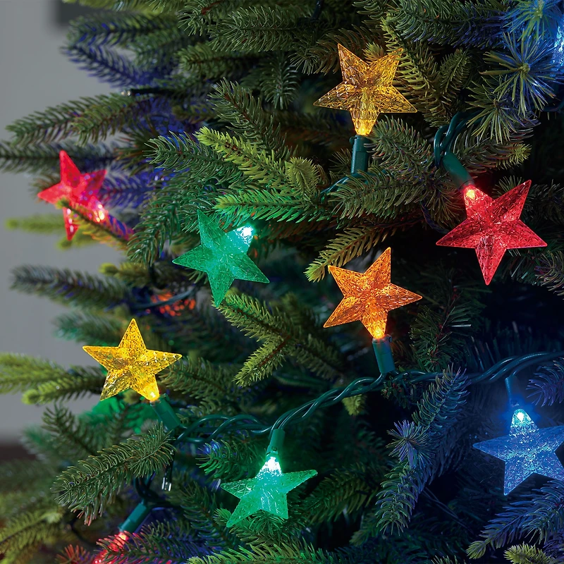 Holiday Time 50-Count Multicolor LED Star Christmas Lights, with Green Wire, 10.5', 3.5" (8.9 cm) bulb spacing
