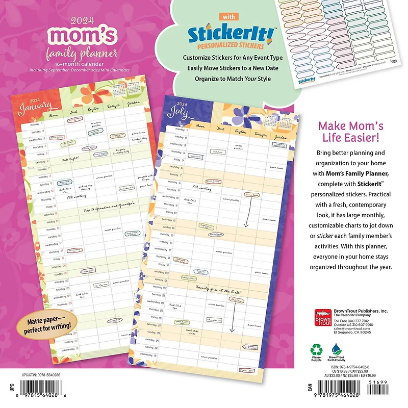 BrownTrout Mom's Family Planner 2024 12x24 Inch Matte Wall Calendar, 9781975464028