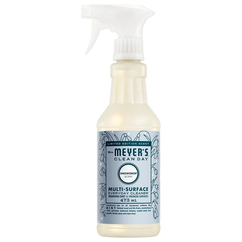 Nettoyant multi-surfaces pour tous les jours de Mrs. Meyer, édition limitée parfum de perce-neige, bouteille pulvérisateur de 473 ml