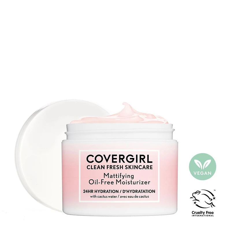 COVERGIRL Clean Fresh Skincare Mattifying Oil-Free Moisturizer, 60ml. Mattifying face moisturizer formulated with Cactus Water for 24HR Balanced Hydration, 100% Vegan & Cruelty-Free, 60ML Moisturizer