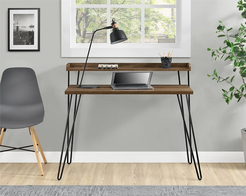 Ameriwood Home Haven Retro Computer Desk with Riser, Olive Green with Gold Legs