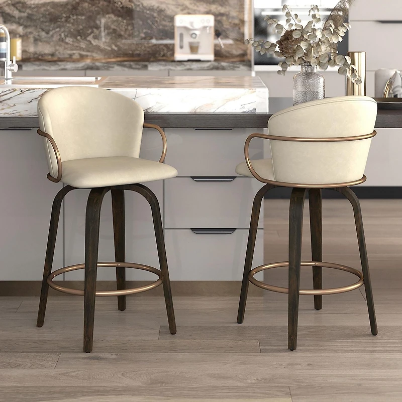 Mid-Century Faux Leather, Wood and Metal 26" Counter Stool with Swivel, Set of 2 - Ivory, Brown and Aged Gold