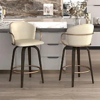 Mid-Century Faux Leather, Wood and Metal 26" Counter Stool with Swivel, Set of 2 - Ivory, Brown and Aged Gold