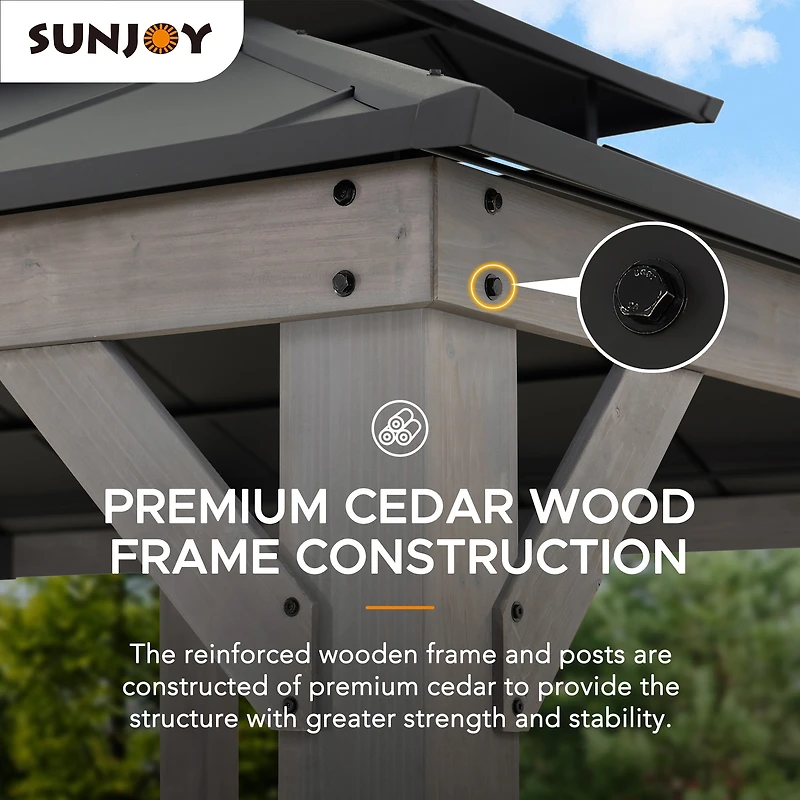 Sunjoy Outdoor 12x20 ft. Wood Gazebo, Outdoor Patio Steel Hardtop Gazebo, Cedar Framed Wooden Gazebo with 2-tier Metal Roof, Suitable for Patios, Lawn, and Backyard, Matte Black