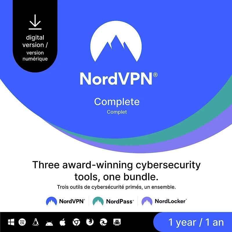 NordVPN Complet - Forfait Cybersécurité 1 An (VPN, Gestionnaire de Mots de Passe et Cloud Crypté) [Code Numérique]
