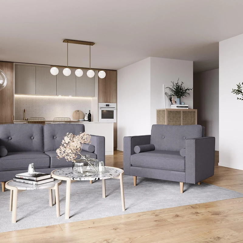 Fauteuil large et confortable CorLiving Mulberry Mid-Century pour le salon - Fauteuil d'appoint et de coin lecture, fauteuil idéal, fauteuil avec coussins de traversin inclus