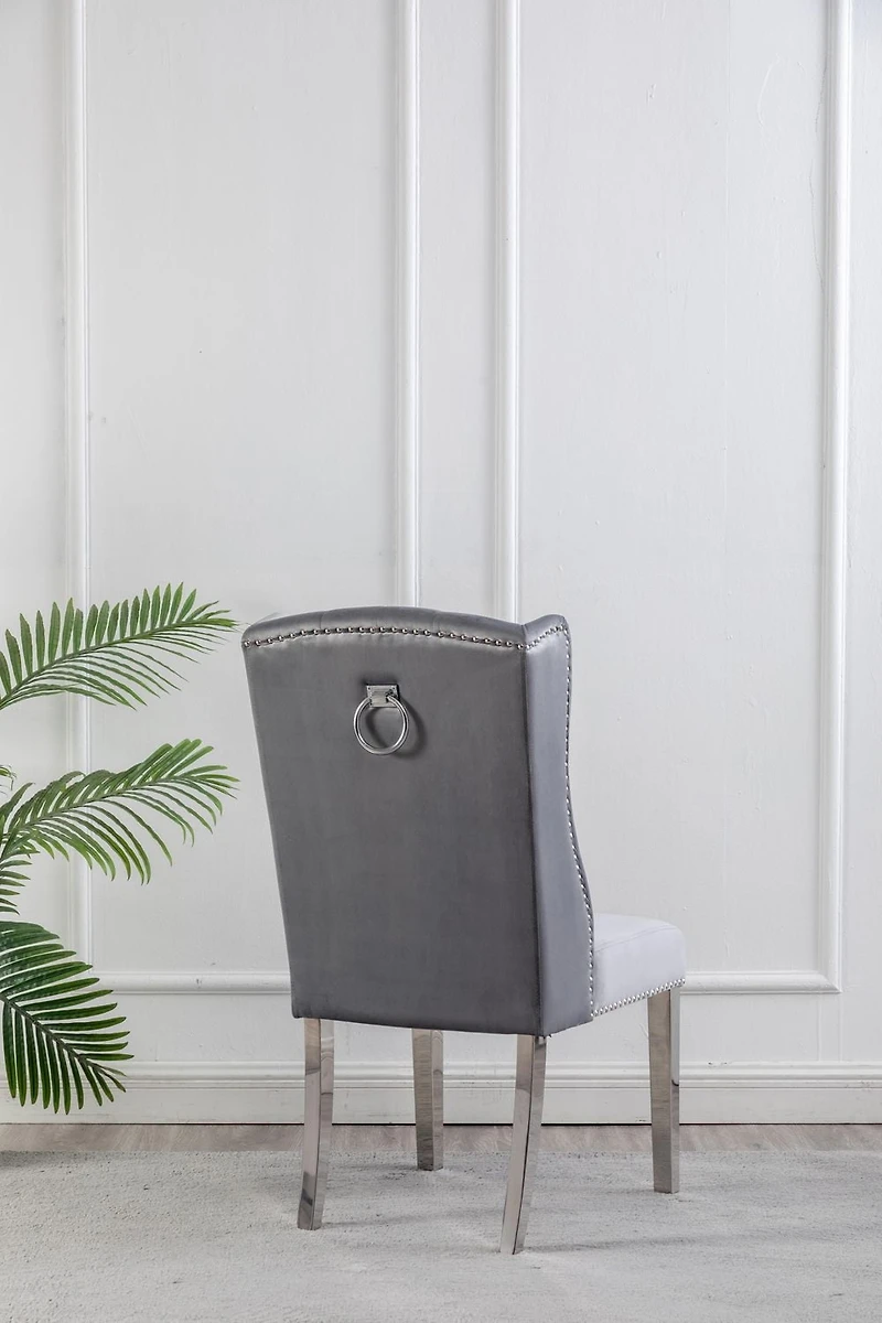 CHAISES K-LIVING FILA EN VELOURS TOUFFETÉ DE COULEUR GRIS AVEC PIEDS EN ACIER INOXYDABLE ET POIGNÉE ARRIÈRE ROBUSTE (2 CHAISES)