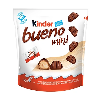 KINDER BUENO Mini Milk Chocolate and Hazelnut Cream Candy Bars, 27 Individually Wrapped Chocolates Per Bag, 145g