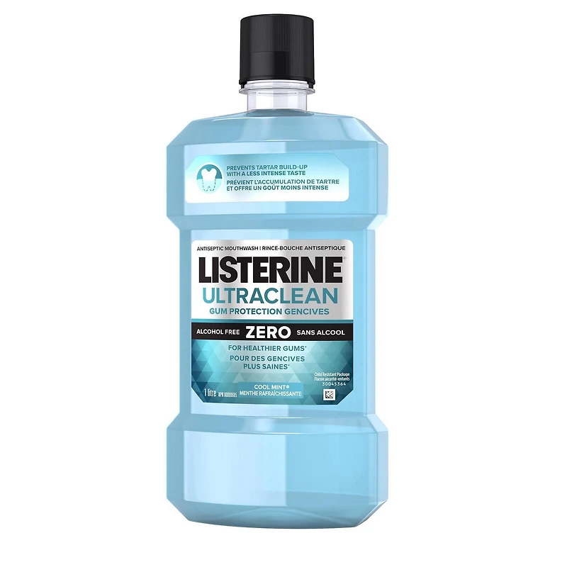 Rince-bouche Listerine Ultraclean Protection gencives Zero, Protection contre la gingivite, la plaque et le tartre, Antiseptique, antibactérien, Sans alcool, Soin buccodentaire, Menthe rafraîchissante 1l