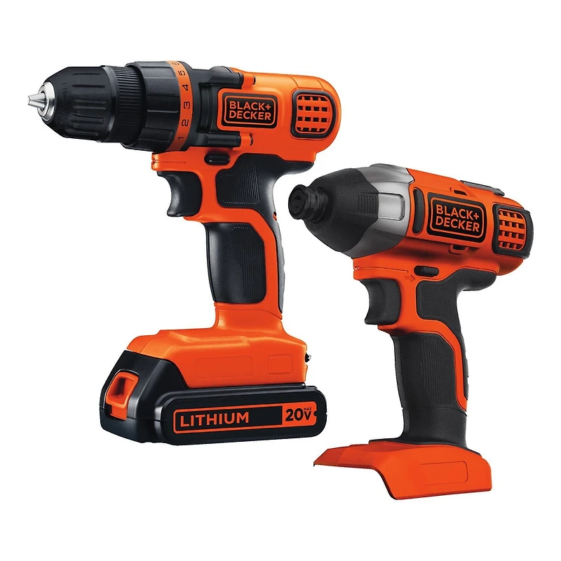 Ens. combiné de perceuse/visseuse et tournevis BD2KITCDDI de Black & Decker à choc 20 V MAX lithium ion Comprend une perceuse/visseuse, un tournevis à choc, une batterie 20 V MAX lithium ion et un chargeur