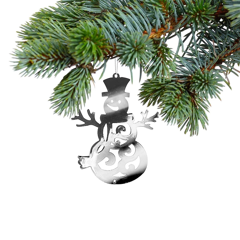Christmas Flat Silver Metal Ornament Snowman - Set of 12