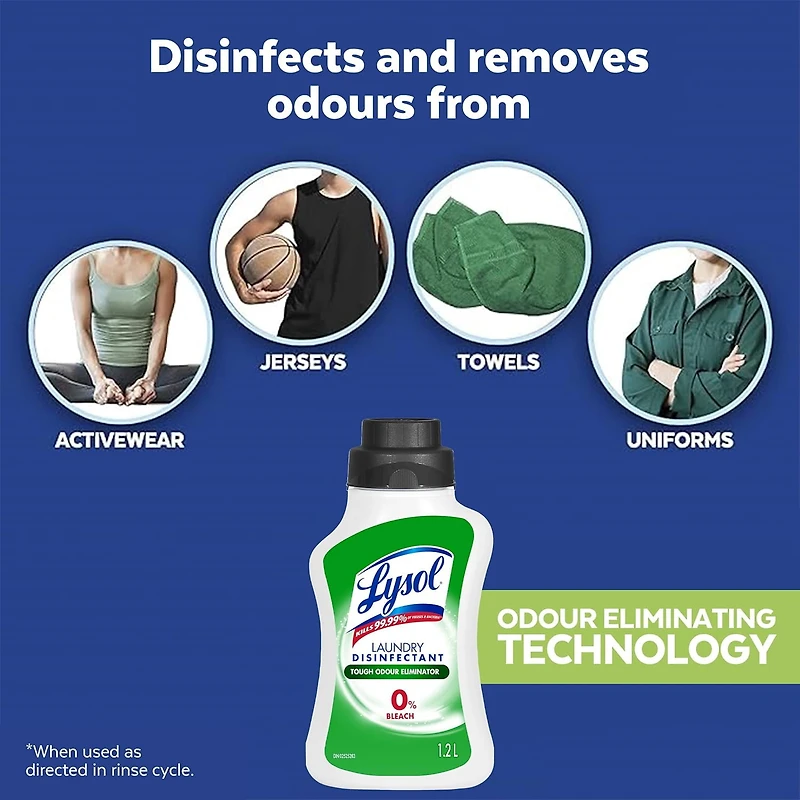 Lysol Désinfectant pour lessive, éliminateur d'odeurs, 0 % d'eau de Javel, élimine les germes que les détergents peuvent laisser derrière eux, 1.2 l