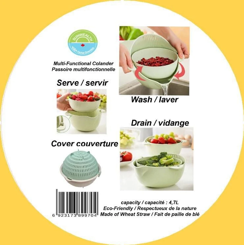 Ensemble passoire et bol multi-usages écologique Sunwealth de 4,7 L. Idéal pour pique-niquer,filtrer,mélanger,couvrir