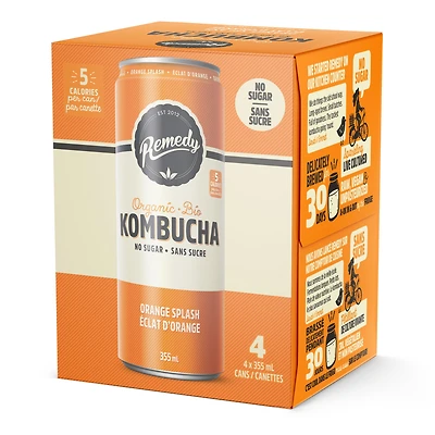 Bio, Sans Sucre, Cru et Non Pasteurisé, Naturellement Caféiné Remedy Kombucha Orange Splash 4PK 4x355 ML