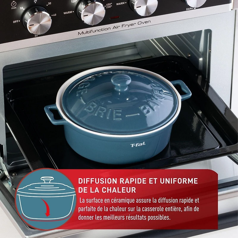 T-Fal Ceramic Brie Baker with lid and handles, 7-in/18cm, blue