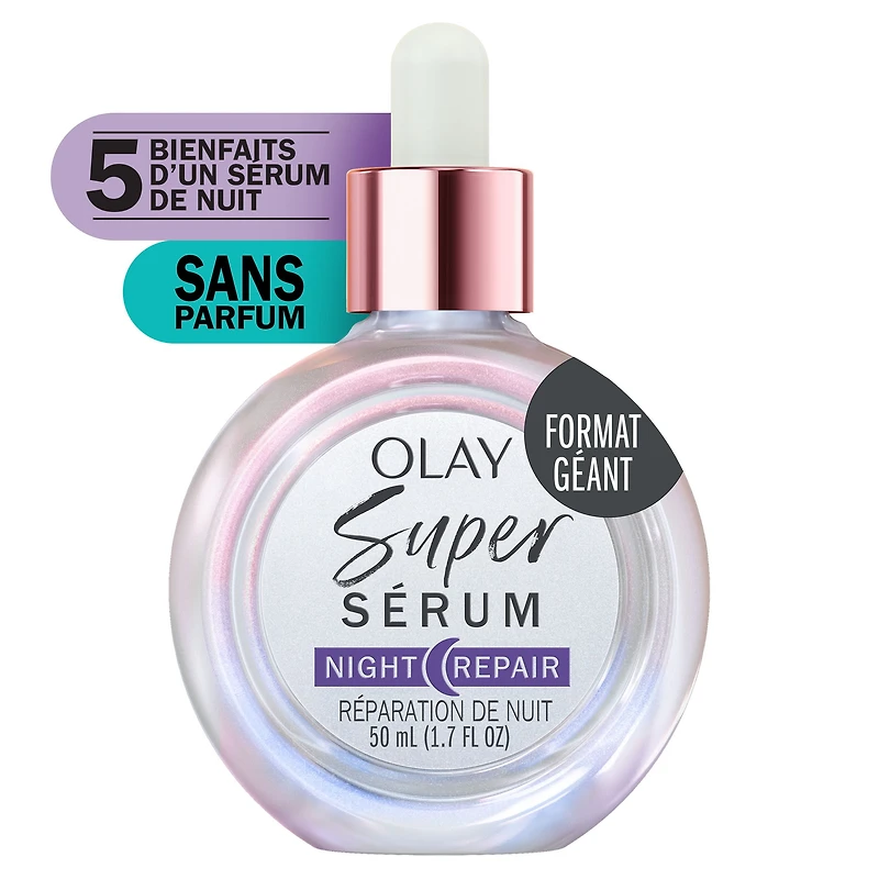 Super sérum réparateur de nuit 5 en 1 de Olay Sérum léger renouvelant pour le visage  Soin de la peau correcteur de rides avec acide salicylique, niacinamide, acide lactique, glycérine, peptide 50ML