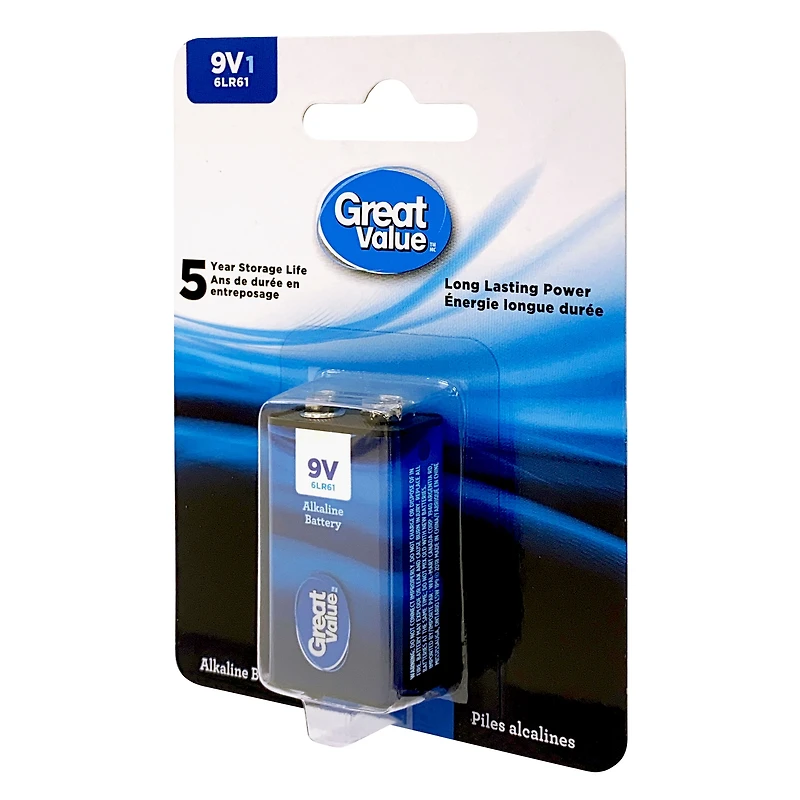 Great Value 9 V 6LR61 Alkaline Battery 1-Pack, 5-year storage life, Long lasting power guarantee