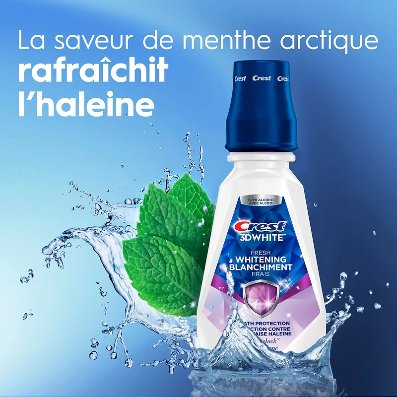 Rince-bouche blanchissant Crest3DWhite Fraîcheur, prévient les taches de surface, tue des millions de germes responsables de la mauvaise haleine, sans alcool, saveur Menthe arctique, 946mL (32ozliq.) 946ML