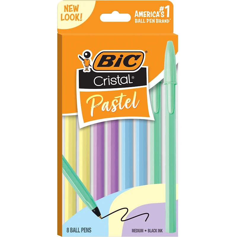BIC Cristal Stylos à Bille Pastel, Encre Noire, Corps aux Couleurs Pastel, Stylos pour Journal Intime, Paquet de 8