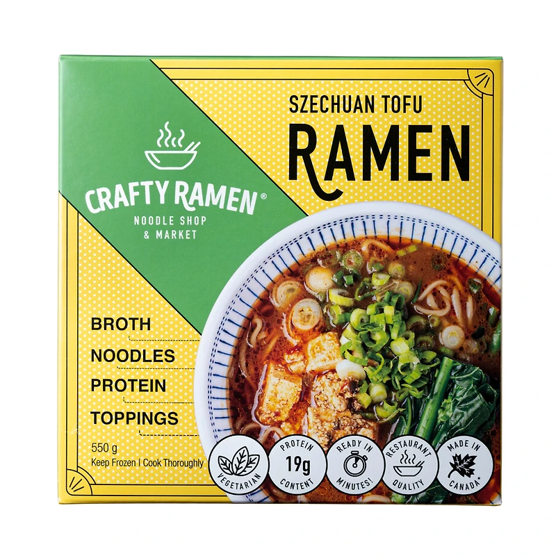 Szechuan Tofu Ramen, Restaurant-Quality Frozen Ramen - 550g, 19g Protein per serving. Includes: broth, noodles, protein, toppings. Ready in minutes.