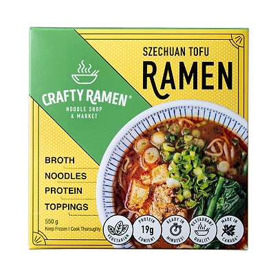 Szechuan Tofu Ramen, Restaurant-Quality Frozen Ramen - 550g, 19g Protein per serving. Includes: broth, noodles, protein, toppings. Ready in minutes.