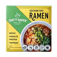 Szechuan Tofu Ramen, Restaurant-Quality Frozen Ramen - 550g, 19g Protein per serving. Includes: broth, noodles, protein, toppings. Ready in minutes.