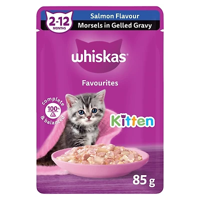 Nourriture humide pour chatons WHISKAS FAVORIS bouchées dans une sauce en gelée – saveur de saumon 85 g