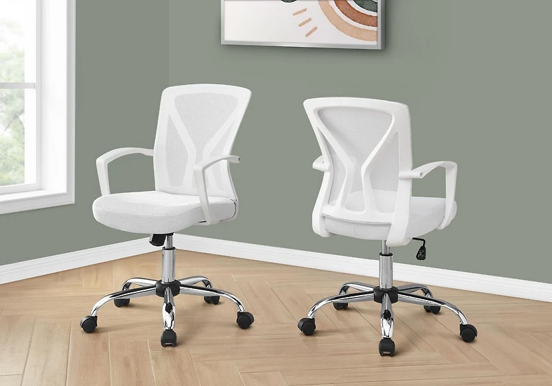 Monarch Specialties Office Chair, Adjustable Height, Swivel, Ergonomic, Armrests, Computer Desk, Work, Metal, Fabric, White, Chrome, Contemporary, Modern