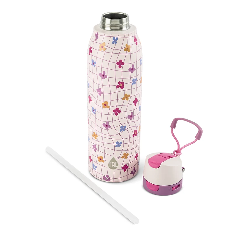 Gourde TAL 710 ml en acier inoxydable 2 en 1 avec paille et bouchon à pression, motif de marguerite