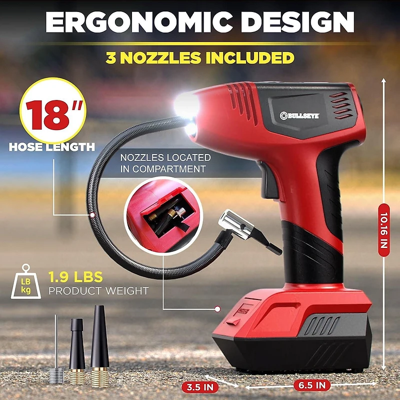 Gonfleur de pneus Bullseye 150 PSI – Compresseur d’air électrique portatif, pompe à air pour voiture et vélo avec manomètre LED et alimentation 12V DC Bullseye Tire Inflator 150 PSI Electric Air Compressor Portable Air Pump For Car Bike LED Tire Pressure Gauge 12V DC