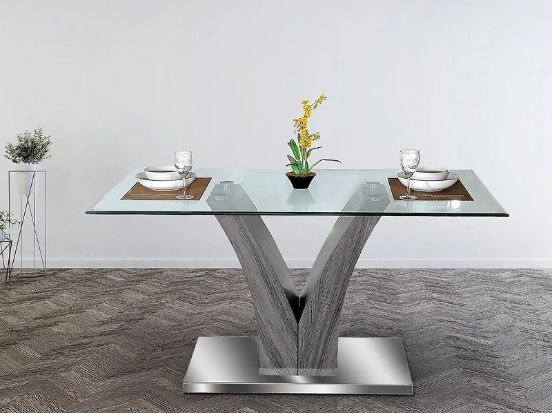K-Living Shelly Ensemble de salle à manger 5 pièces avec plateau en verre trempé et table de base chromée avec chaises en velours bleu (1 table et 4 chaises)