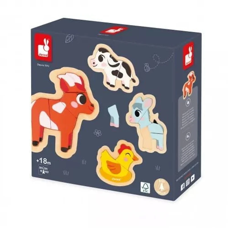 Janod 4 Wooden 2 to 5 Pieces-Farm Animal-Themed Puzzles-Children’s Toys-Educational Games-Early-Learning Toys-18 Months +