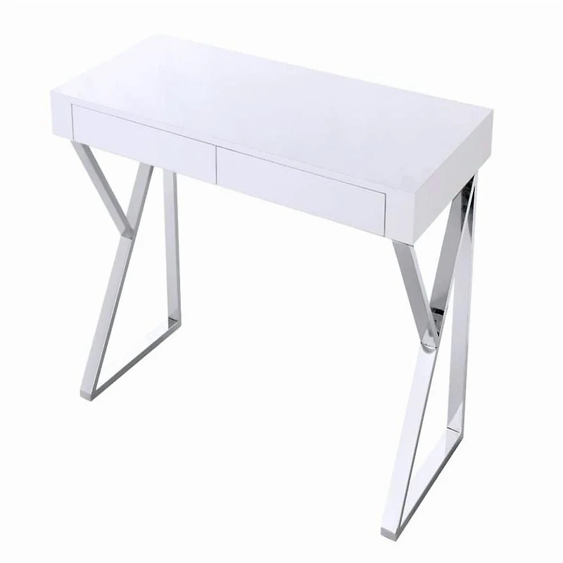 Bureau Beren en blanc, bureau blanc, bureau en MDF, bureau en placage de bois, pieds en acier inoxydable, bureau rectangulaire, pieds en acier inoxydable triangulaire, bureau