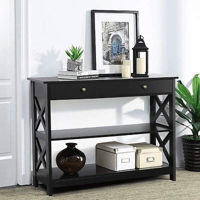 FullFurnique Console d'entrée polyvalente avec tiroir et 2 étagères ouvertes, Noir