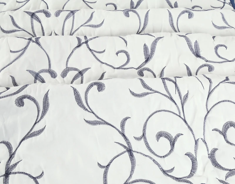 Marina Decoration Embroidered Stitching Coverlet Bedspread Ultra Soft Solid Bedding Summer Quilt Set with Quilted Sham, Navy Blue Branch Pattern