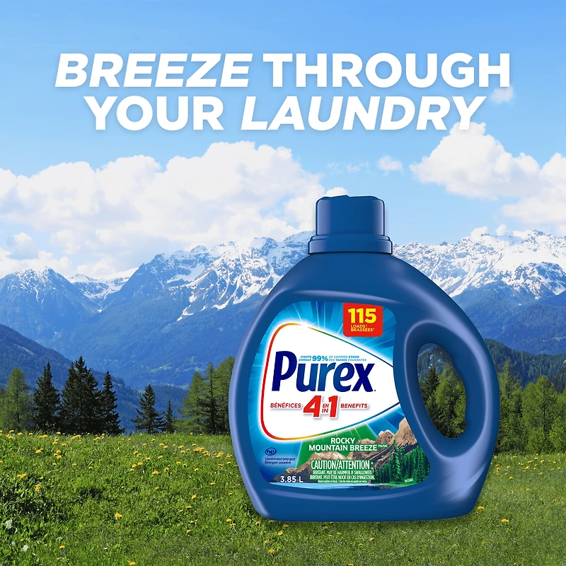 Détergent à lessive liquide concentré avec bénéfices 4-en-1, Purex Rocky Mountain Breeze, puissant contre les taches, ravive les vêtements, 3,85 l, 115 brassées, compatible avec les laveuses HE